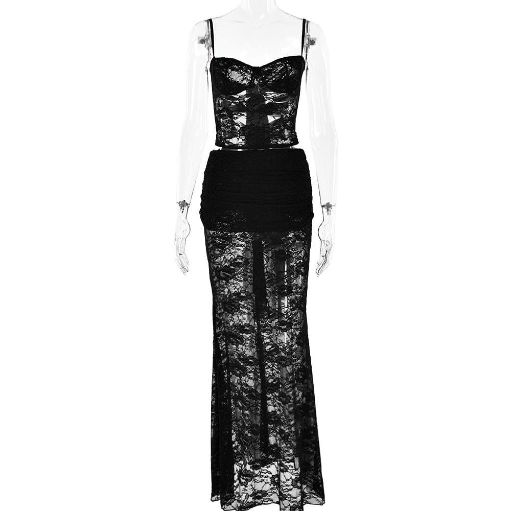 Sweetheart neck ruffle lace see through cami maxi skirt set
