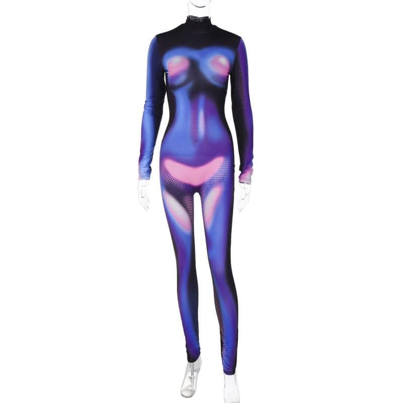 Zip-up long sleeve contrast polka dot thermal print high neck jumpsuit - Final Sale-final-sale