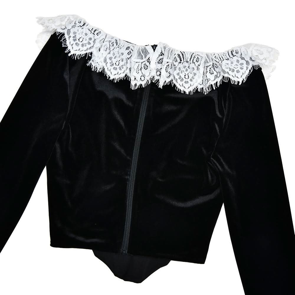 Long flared sleeve lace patchwork velvet zip-up top