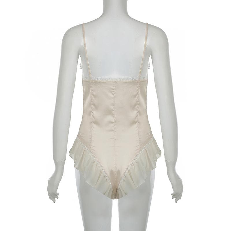 Lace patchwork satin ruffle cami bodysuit