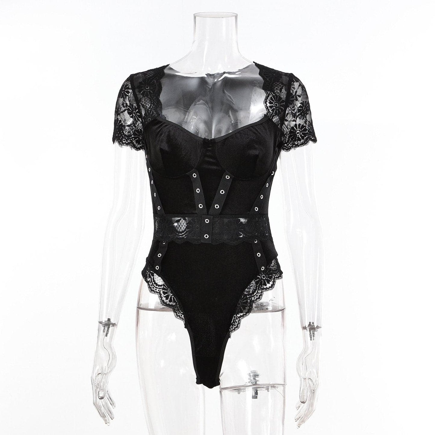 Short sleeve lace velvet patchwork bodysuit