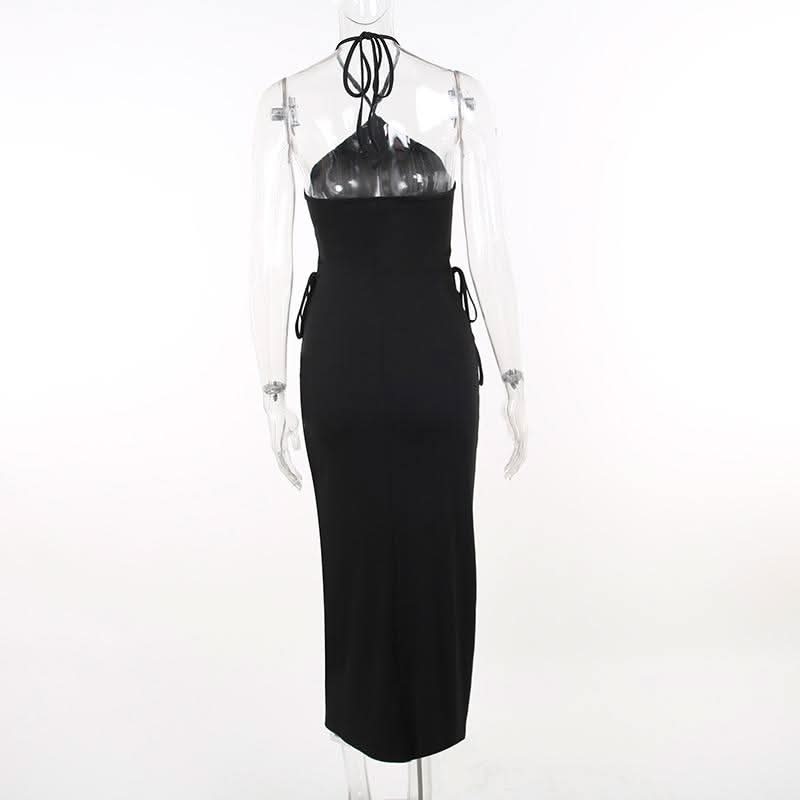 Halter self tie hollow out textured backless cut out midi dress