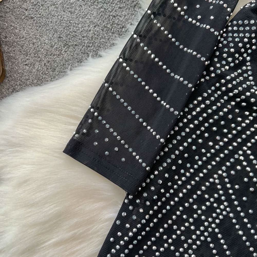 Long sleeve crewneck beaded zip-up hollow out cut out maxi dress