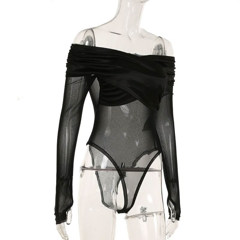 Off shoulder long sleeve mesh bodysuit