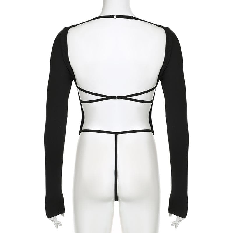 Square neck solid long sleeve backless cross back bodysuit