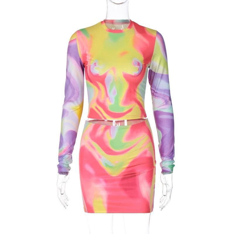 Contrast print long sleeve crewneck mini skirt set
