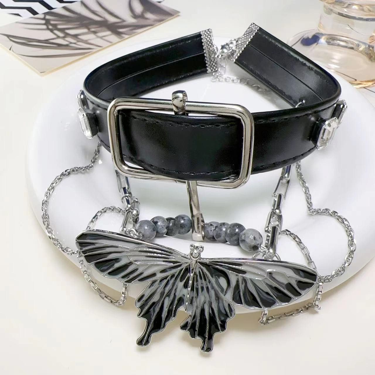 PU leather beaded adjustable layered choker necklace