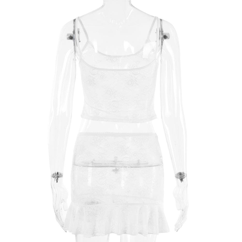 U neck lace solid see through bowknot cami mini skirt set