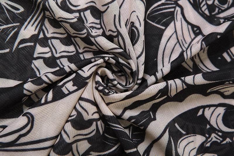 Sheer mesh see through abstract long sleeve high neck maxi dress