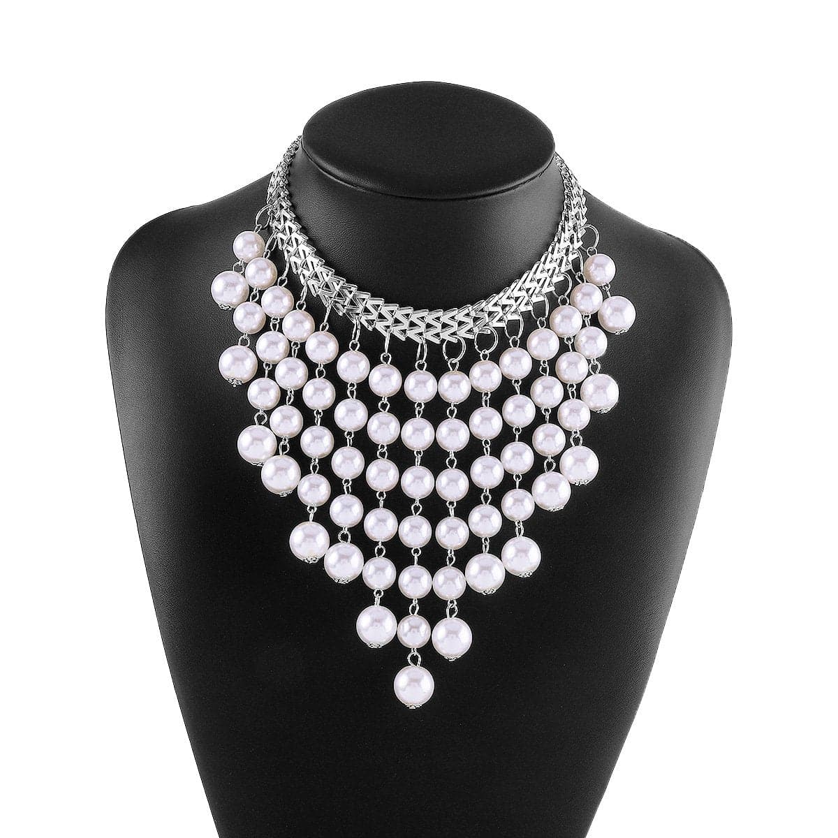 Layered faux pearl choker tassels necklace