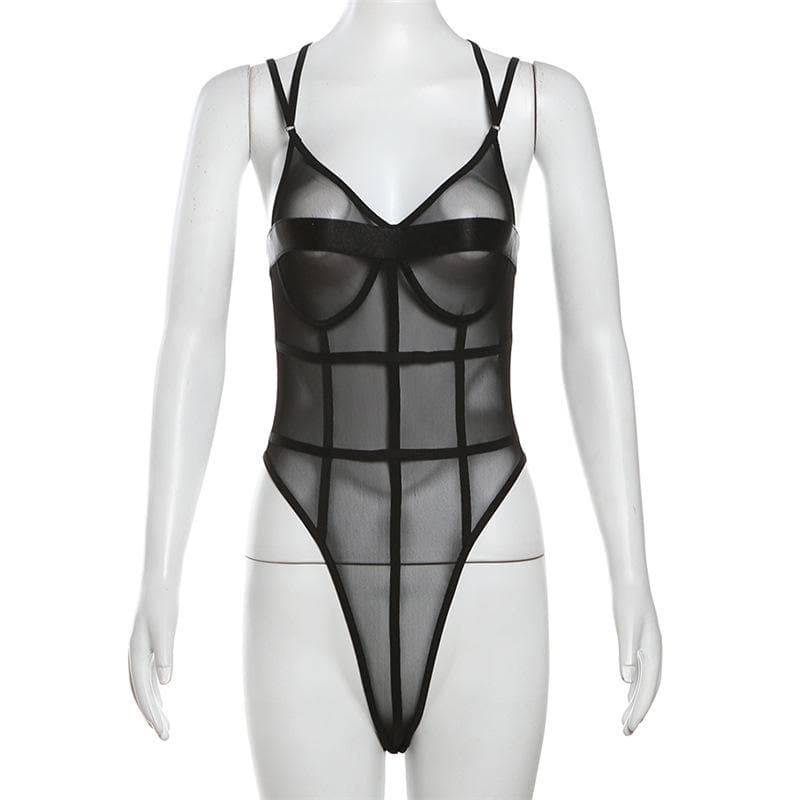Stitch mesh patchwork cross back cami bodysuit
