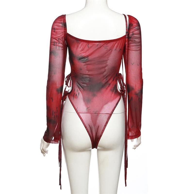 Long sleeve ruched mesh tie dye bodysuit