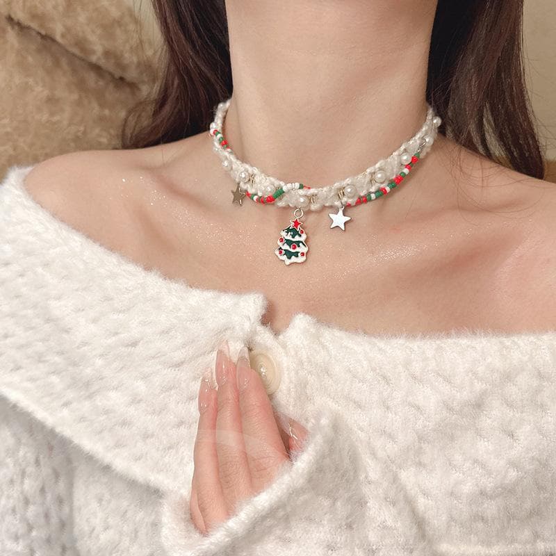 Christmas tree pendant faux pearl choker necklace