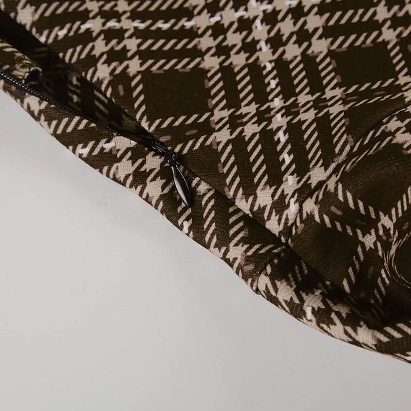 Plaid irregular zip-up contrast midi skirt