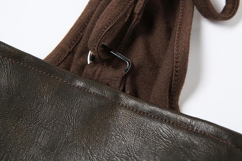 V neck PU leather patchwork high slit maxi dress-final-sale