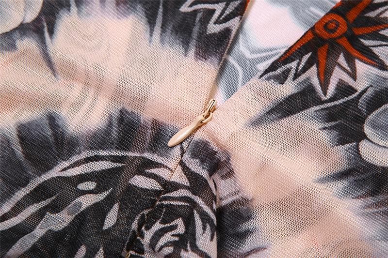 Sheer mesh abstract contrast see through long sleeve high neck jumpsuit
