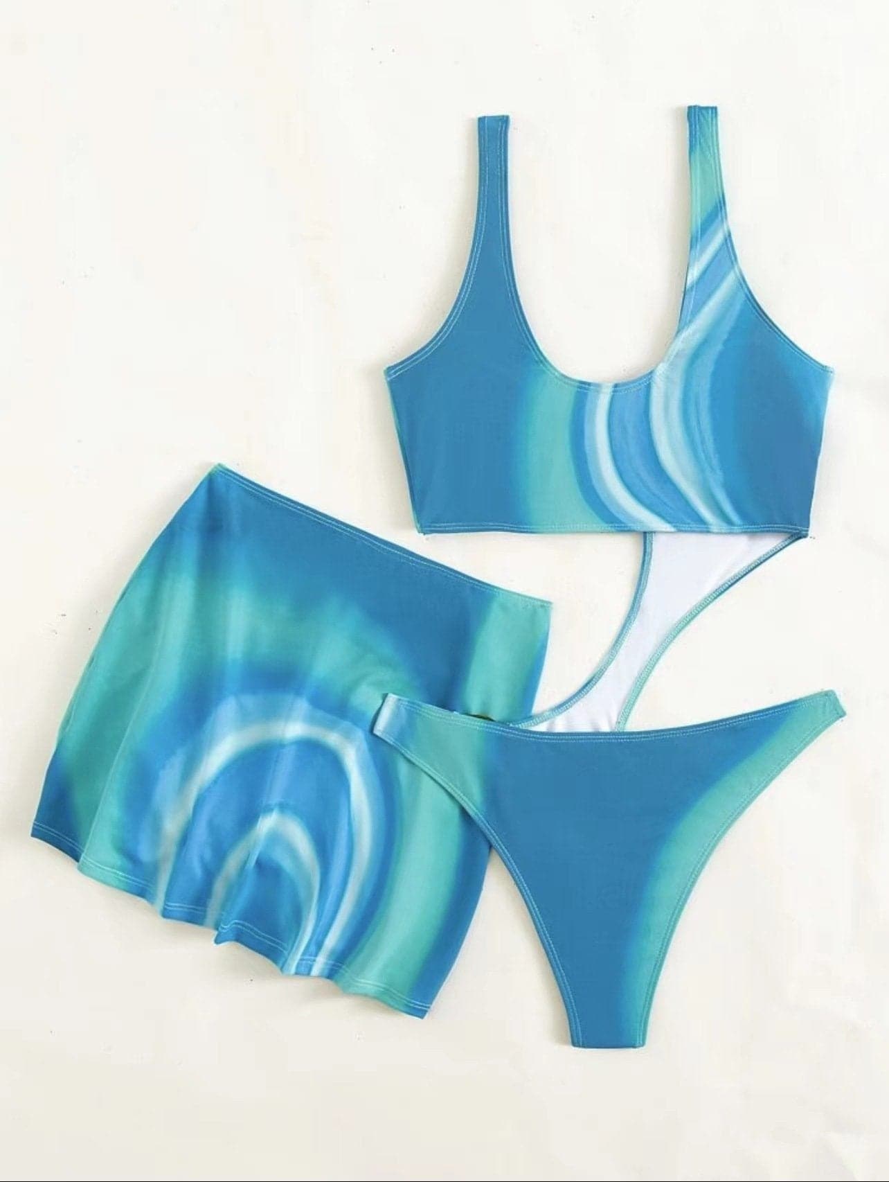 Hollow out o ring contrast drawstring one piece swimwear with cut out mini skirt