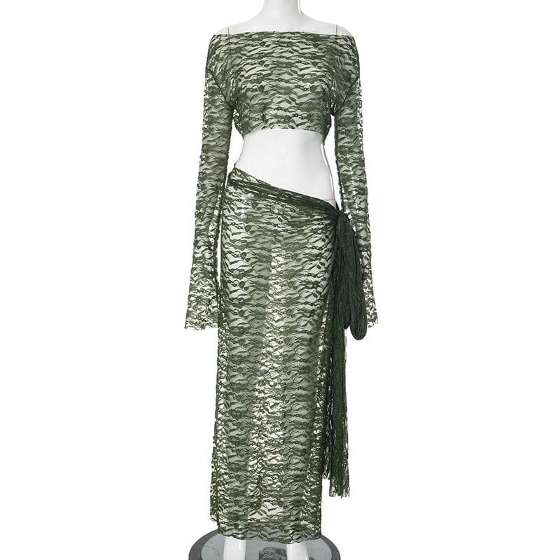 Long sleeve lace see through irregular maxi skirt set