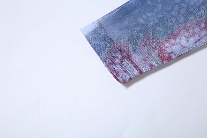 Long sleeve print sheer mesh lace up maxi dress