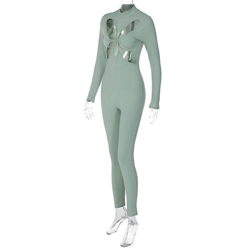 Hollow out long sleeve solid zip-up high neck jumpsuit - Final Sale-final-sale