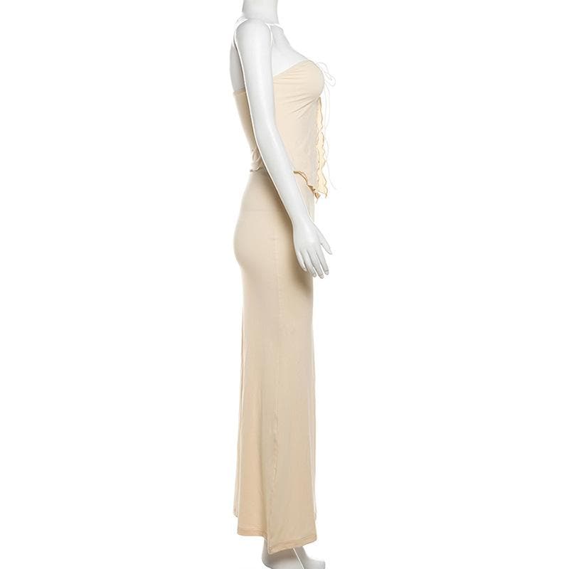 Ruffle slit self tie solid tube maxi skirt set