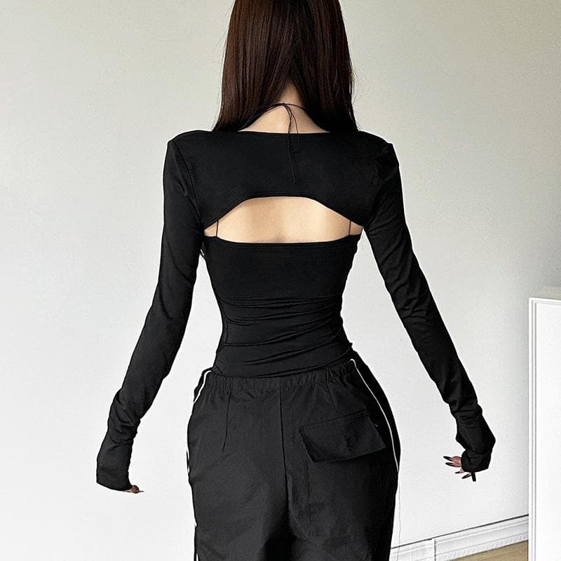 Long sleeve gloves o ring hollow out shrug 2 piece bodysuit