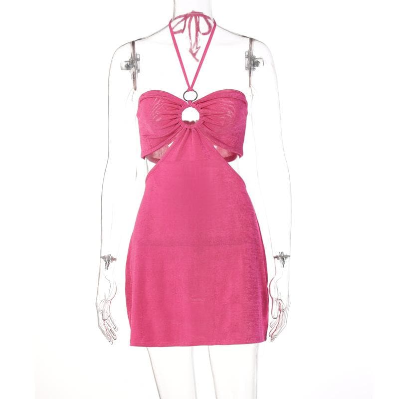 Halter O-Ring Cutout Side Waist Textured Bodycon Mini Dress