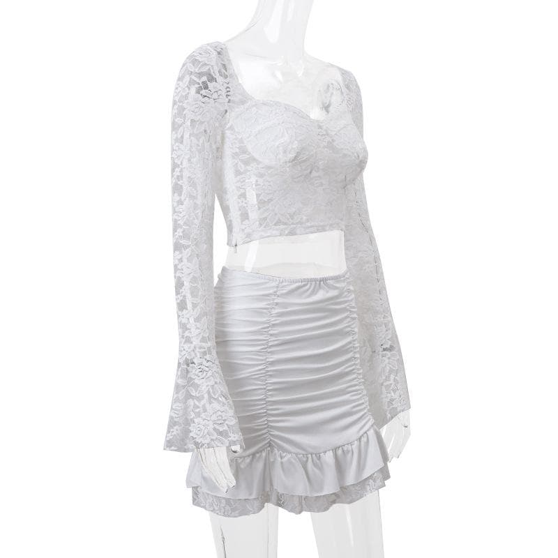 Long flared sleeve sweetheart neck lace ruched ruffle mini skirt set
