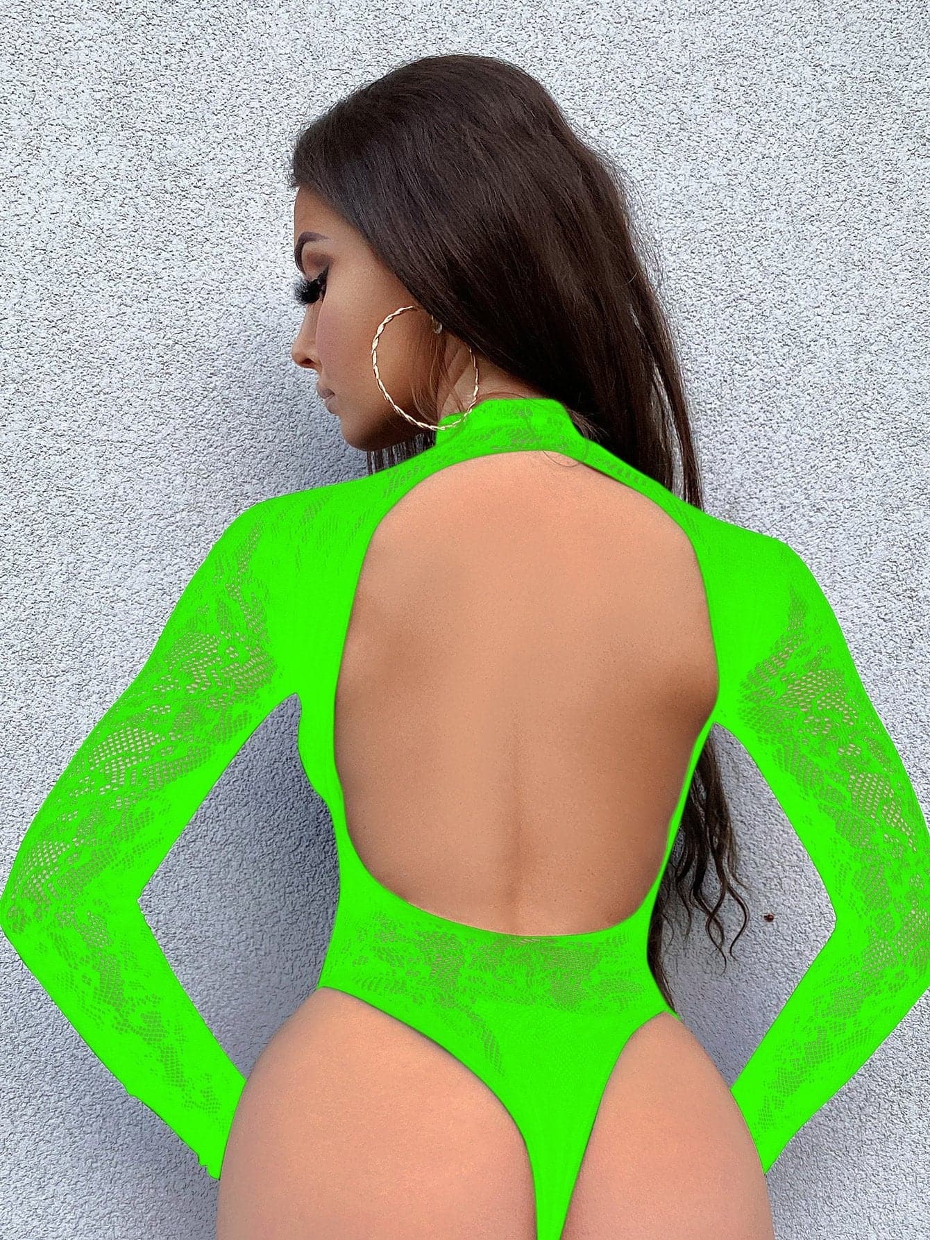 Long sleeve high neck backless lace fishnet bodysuit
