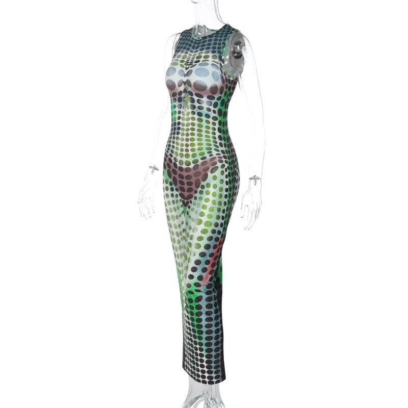 Crewneck Trompe Loeil Body Print Contrast Sleeveless Maxi Dress