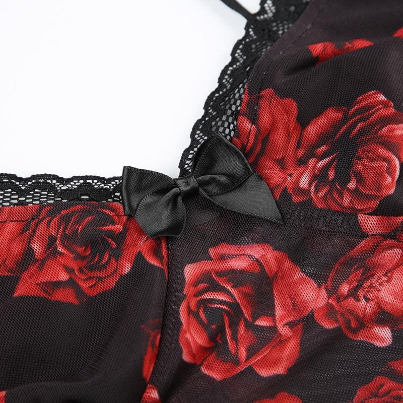 V neck rose print bowknot mesh cami bodysuit