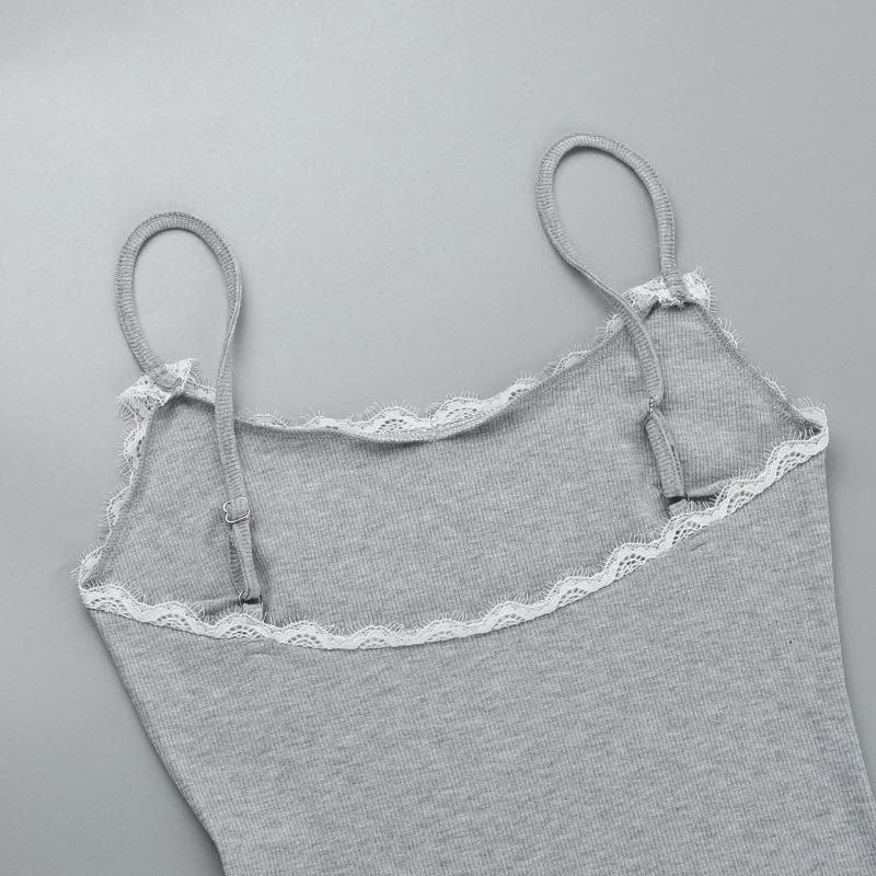 Bowknot lace hem ribbed cami romper