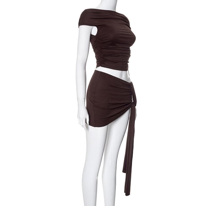 Short sleeve ruched ruffle mini skirt set