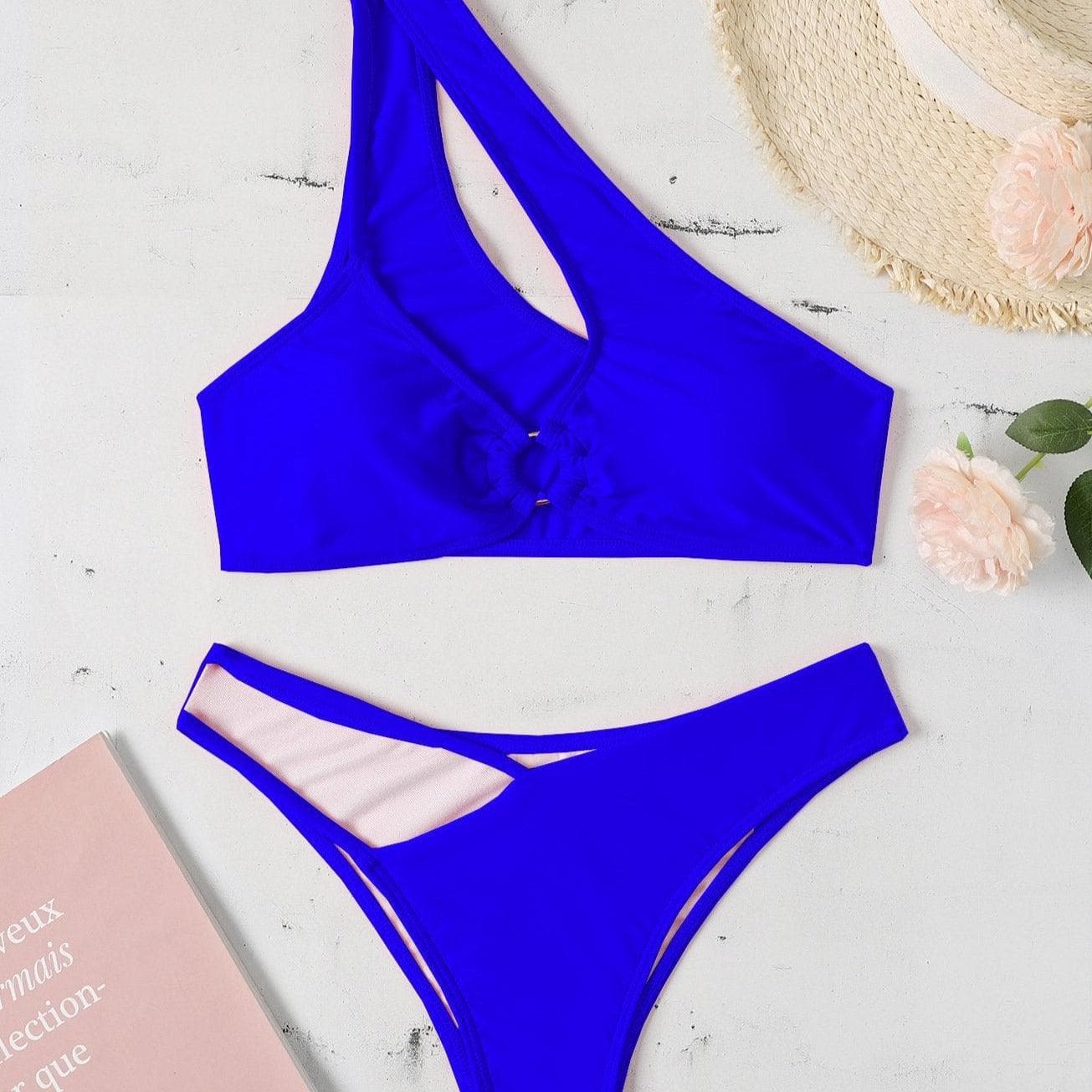One side hollow out one shoulder solid bikini