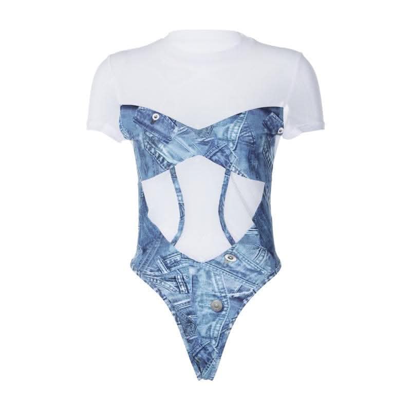 Short sleeve denim print contrast crewneck bodysuit-final-sale