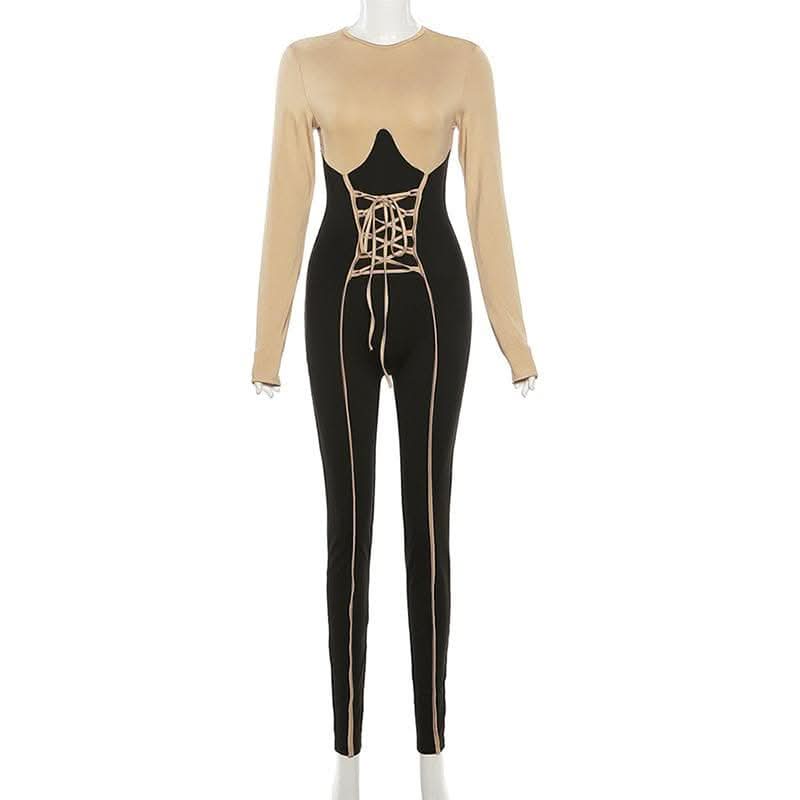 Long sleeve crewneck lace up zip-up stitch jumpsuit-final-sale