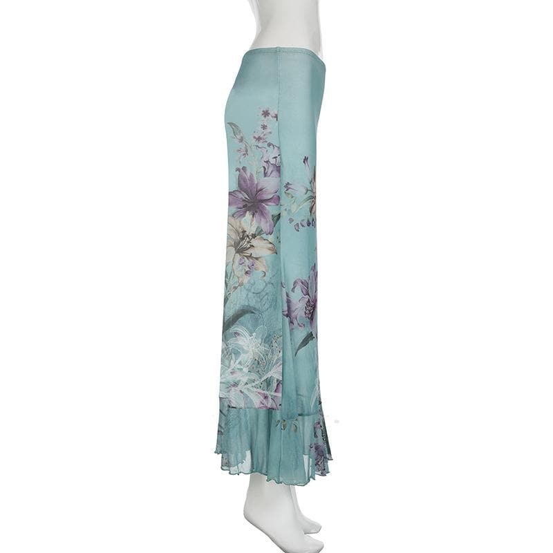 Ruched ruffle cowl neck flower print mesh maxi skirt set