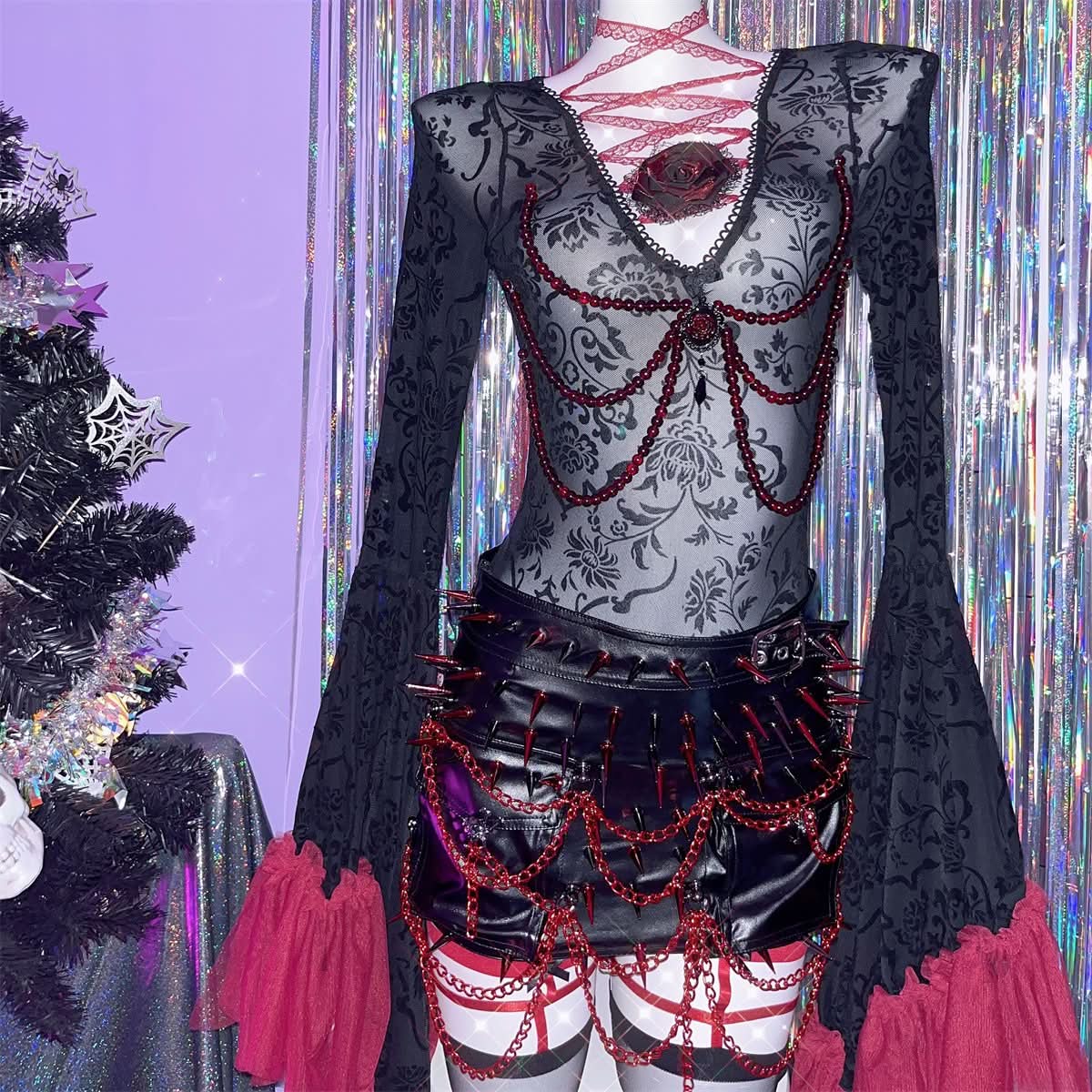 PU leather rivet metal chain buckle mini skirt