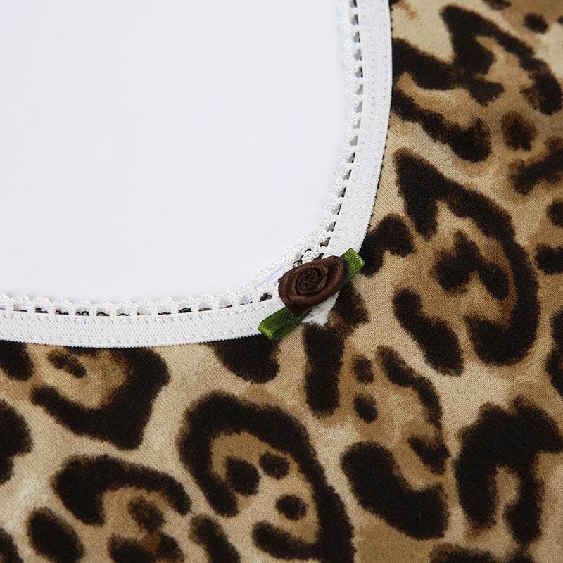 Leopard print halter v neck flower applique cami top