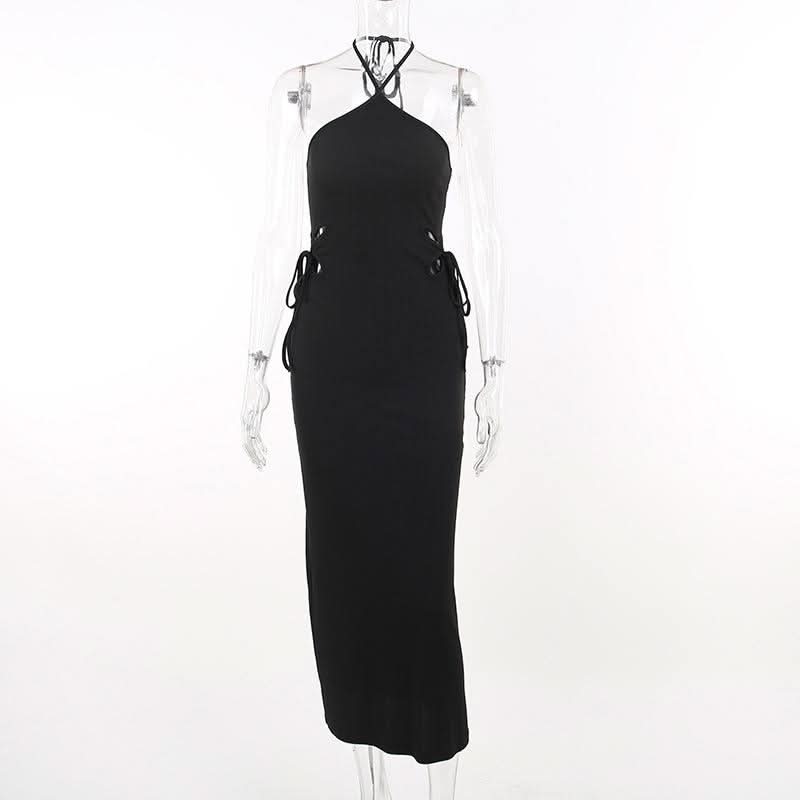 Halter self tie hollow out textured backless cut out midi dress