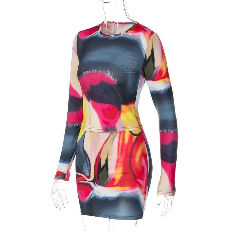 Long sleeve tie dye round neck mini skirt set