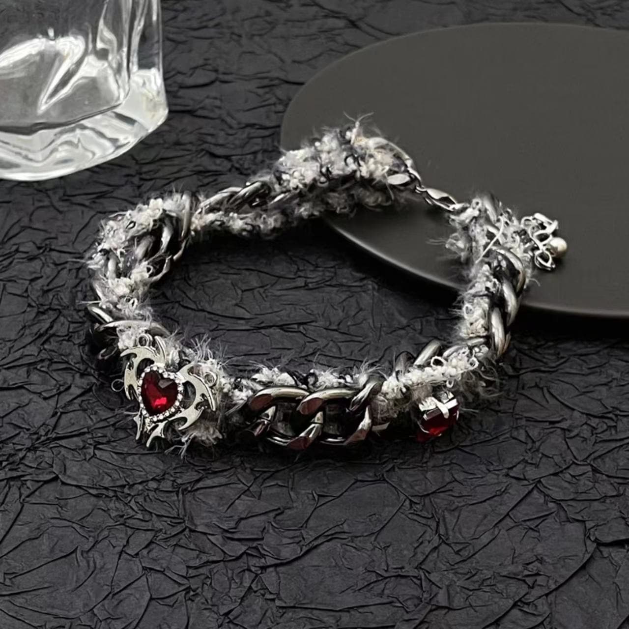 Red heart raw hem choker necklace