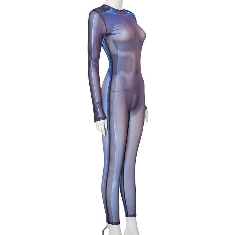 Long sleeve crewneck body print zip-up sheer mesh jumpsuit
