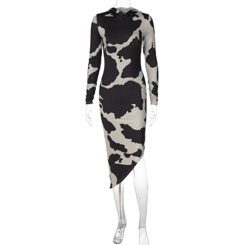 Cow Print Hooded Long Sleeve Bodycon Maxi Dress