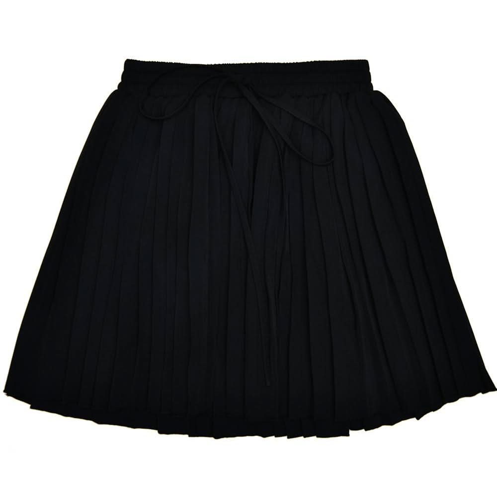 Pleated deep V neck button self tie solid mini skirt set