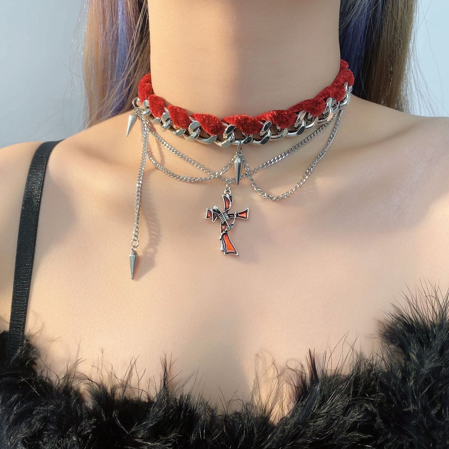 Layered cross pendant choker necklace