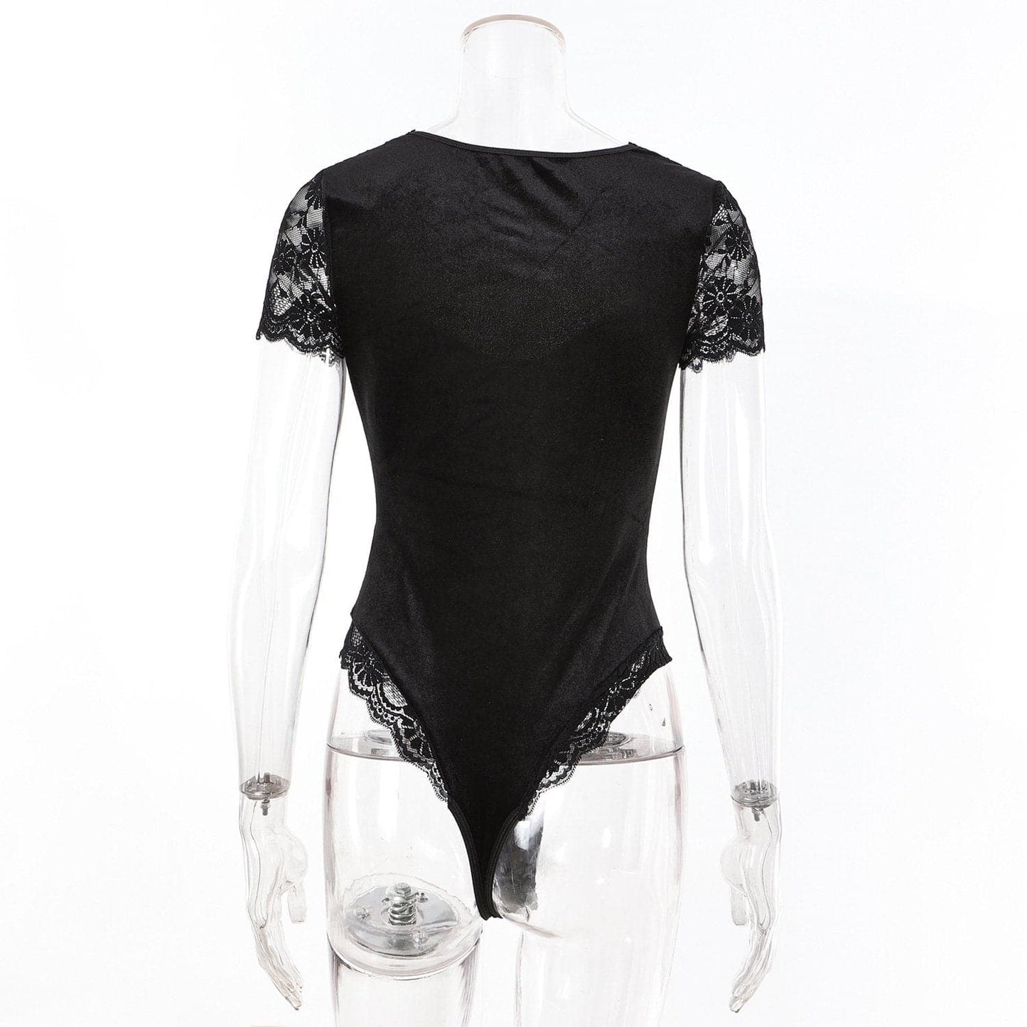 Short sleeve lace velvet patchwork bodysuit