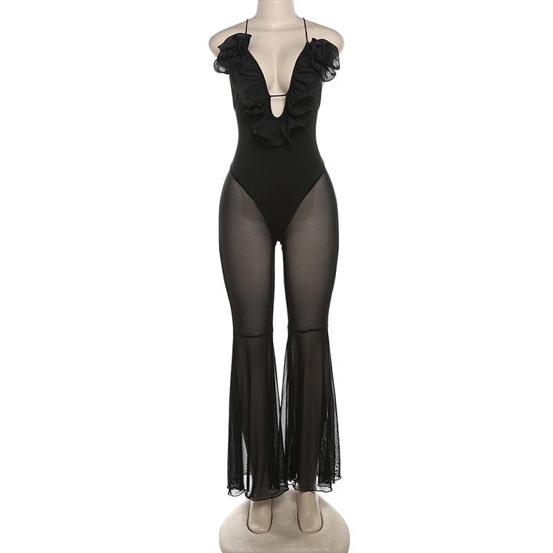 Flower applique ruffle lace up mesh cami jumpsuit