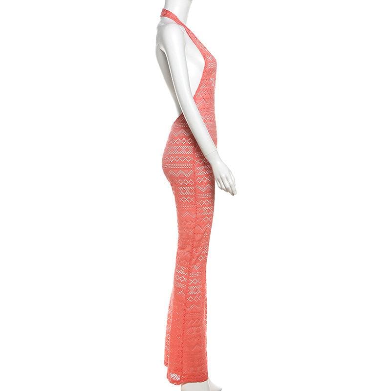 Halter low cut hollow out see through backless jumpsuit-final-sale