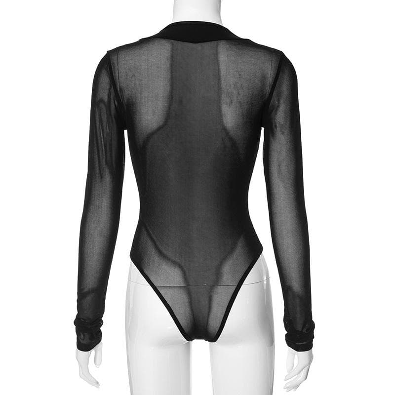 Long sleeve v neck stitch patchwork mesh bodysuit